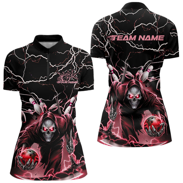 Maxcorners Custom Black And Red Lightning Grim Reaper Bowling Men Polo Shirt, Halloween Outfit MT0609