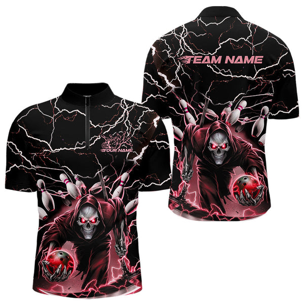 Maxcorners Custom Black And Red Lightning Grim Reaper Bowling Men Polo Shirt, Halloween Outfit MT0609