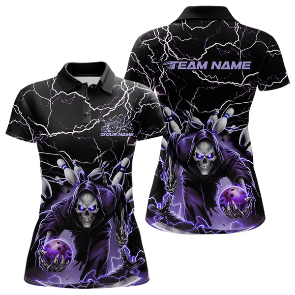 Maxcorners Custom Black And Purple Lightning Grim Reaper Bowling Men Polo Shirt, Halloween Outfit MT0609