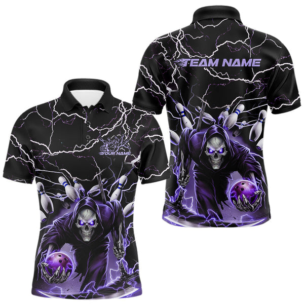 Maxcorners Custom Black And Purple Lightning Grim Reaper Bowling Men Polo Shirt, Halloween Outfit MT0609