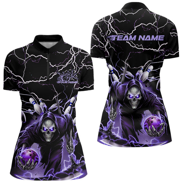 Maxcorners Custom Black And Purple Lightning Grim Reaper Bowling Men Polo Shirt, Halloween Outfit MT0609