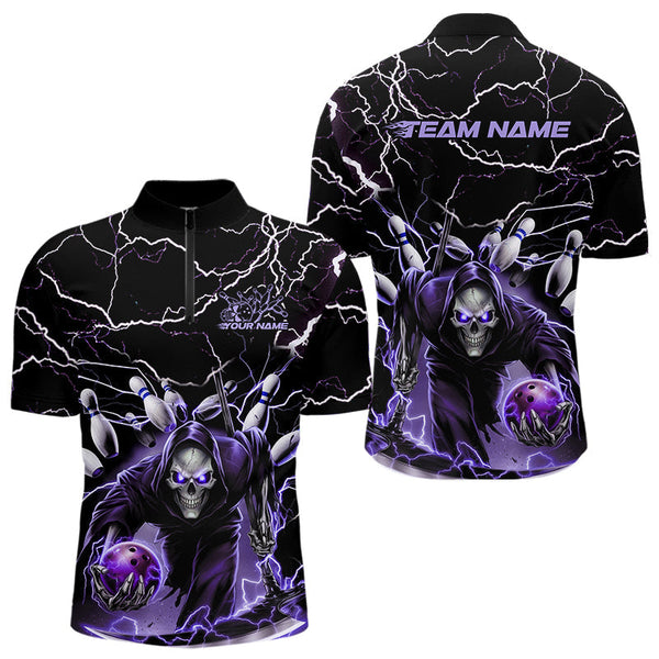 Maxcorners Custom Black And Purple Lightning Grim Reaper Bowling Men Polo Shirt, Halloween Outfit MT0609