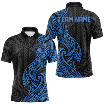 Maxcorners Custom Black And Blue Tribal Bowling Men Polo Shirt, Bowling Team League Shirt