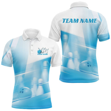Maxcorners Custom White And Blue Bowling Ball And Pins Team Polo Shirt For Men, Bowling Jerseys