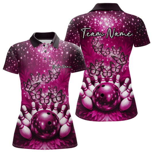 Custom Pink Buttefly Ladies Bowling Team Shirt, Women Bowling Polo Shirt LM1203