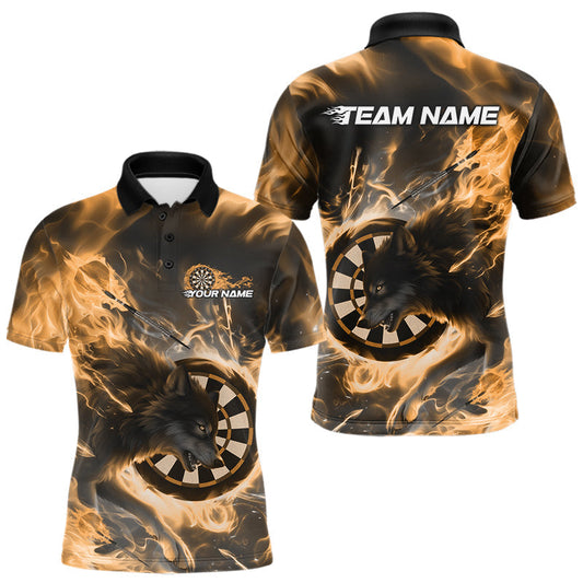 Maxcorners Custom Yellow Fire Flame Dart Wolf Men Polo Shirts, Dart League Shirt Team Jerseys LM0404