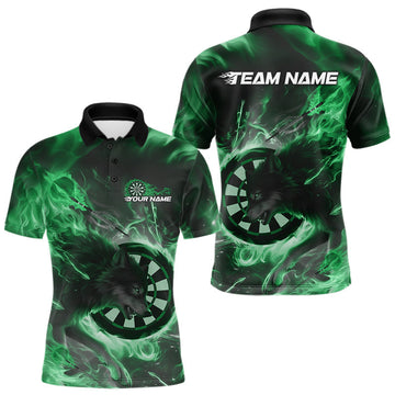 Maxcorners Custom Green Fire Flame Dart Wolf Men Polo Shirts, Dart League Shirt Team Jerseys LM0404