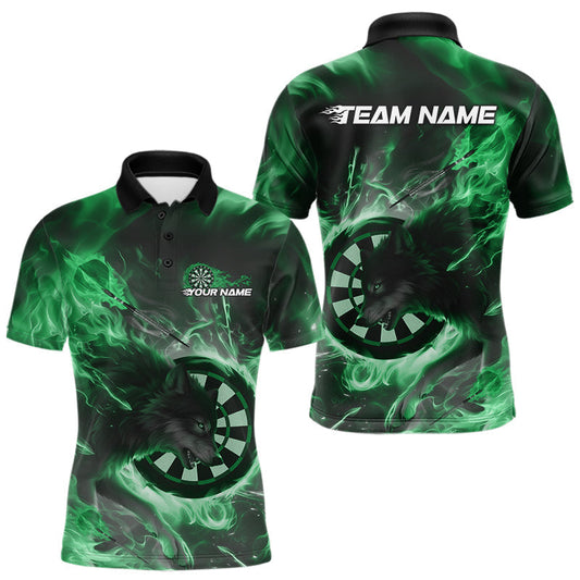 Maxcorners Custom Green Fire Flame Dart Wolf Men Polo Shirts, Dart League Shirt Team Jerseys LM0404