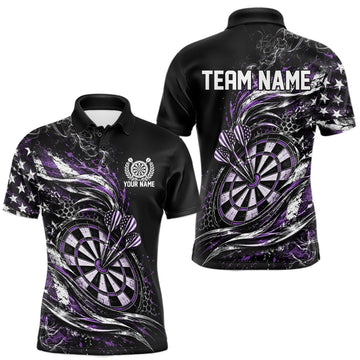 Maxcorners Custom Black And Purple Patriotic Smoke US Flag Bullseye Dart Men Polo Shirt, Dart Jersey