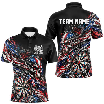 Maxcorners Custom Patriotic Dart Men Polo Shirt, US Flag Skull Dart League Team Jersey