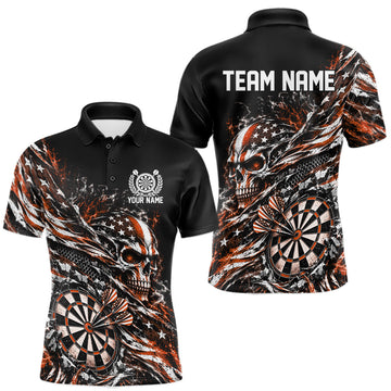 Maxcorners Custom Orange Patriotic Dart Men Polo Shirt, US Flag Skull Dart League Team Jersey