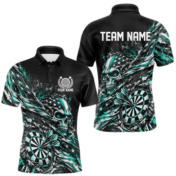 Maxcorners Custom Turquoise Patriotic Dart Men Polo Shirt, US Flag Skull Dart League Team Jersey