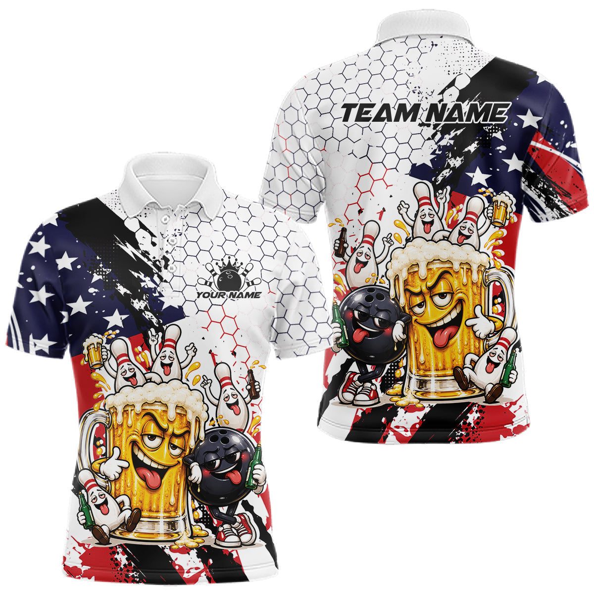 Maxcorners Custom Patriotic Funny Bowling And Beer US Flag Bowling Team Men Polo Shirt