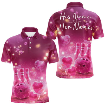 Maxcorners Custom Pink Valentine Bowling Couple Shirts, Pink Heart Theme Bowling Jerseys With His Name And Her Name LM1501