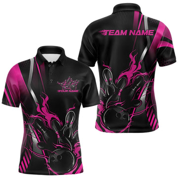 Maxcorners Custom Black And Pink Flame Bowling Jersey, Bowling Tournament Team Men Polo Shirt