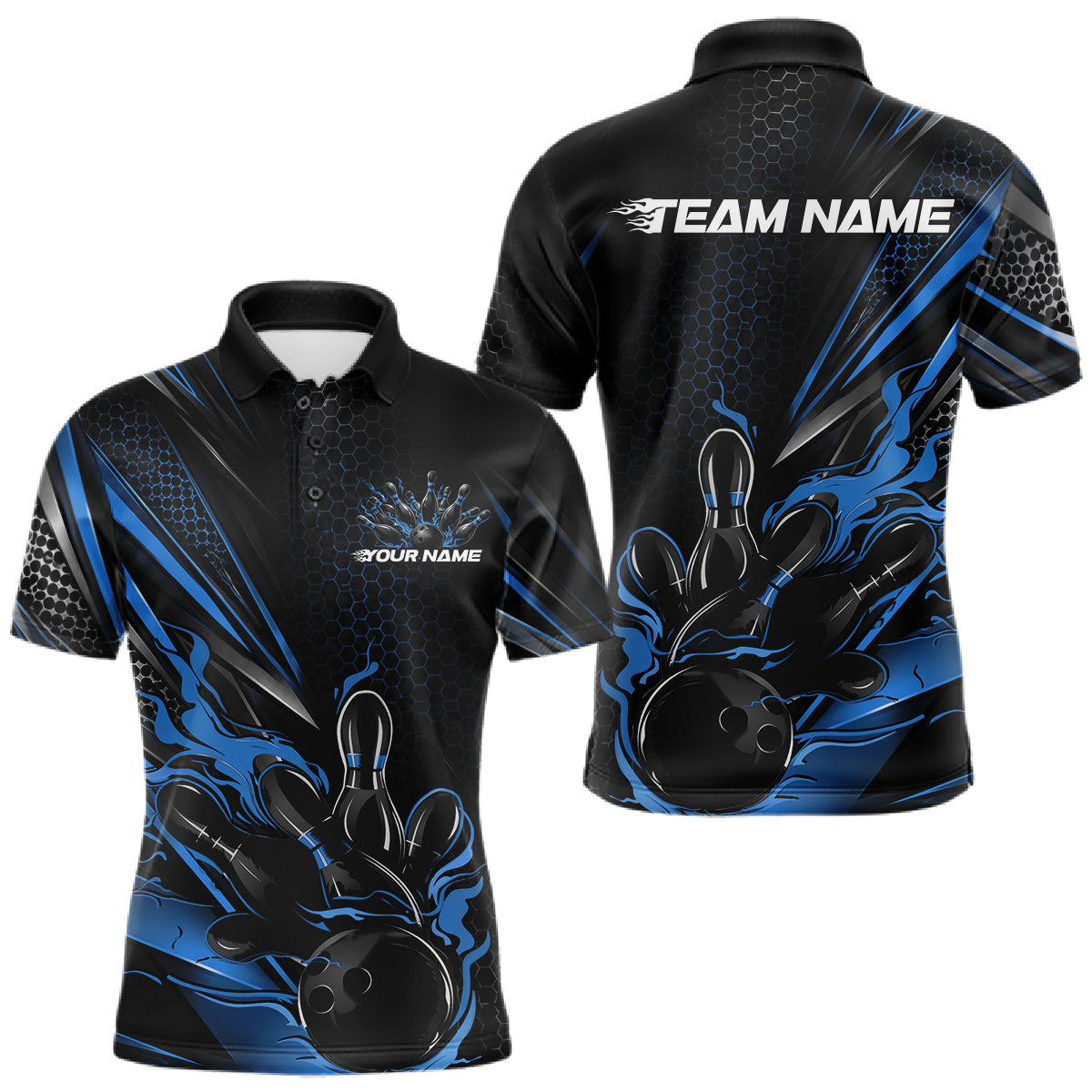 Maxcorners Custom Black And Blue Flame Bowling Team Men Polo Shirt, Bowling League Shirt