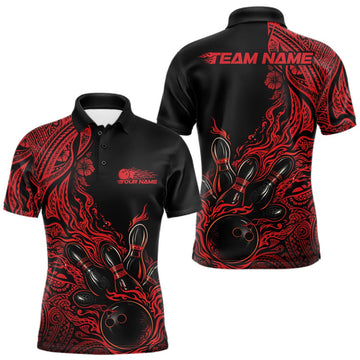 Maxcorners Custom Black And Red Orange Tribal Pattern Flame Bowling Team Shirts, Polynesian Bowling League Shirt LM1501