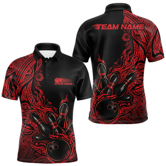 Maxcorners Custom Black And Red Orange Tribal Pattern Flame Bowling Team Shirts, Polynesian Bowling League Shirt LM1501