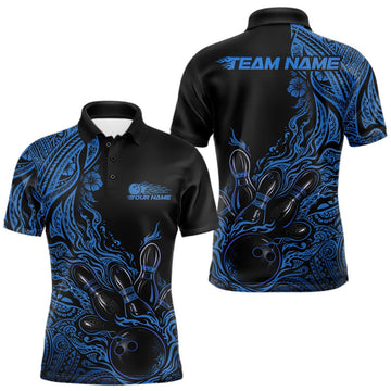 Maxcorners Custom Black And Blue Tribal Pattern Flame Bowling Team Shirts, Polynesian Bowling Ball Bowling League Shirt LM1501