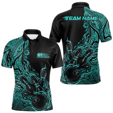 Maxcorners Custom Black And Turquoise Blue Tribal Flame Bowling Team Shirts, Polynesian Bowling Ball Bowling League Shirt LM1501