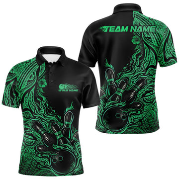 Maxcorners Custom Black And Green Tribal Pattern Flame Bowling Team Shirts, Polynesian Bowling Ball Bowling League Shirt LM1501