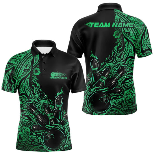 Maxcorners Custom Black And Green Tribal Pattern Flame Bowling Team Shirts, Polynesian Bowling Ball Bowling League Shirt LM1501