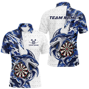 Maxcorners Custom Blue Camo Shark Dart Polo Shirt For Men, Dart League Shirt Dart Team Outfit LM1910