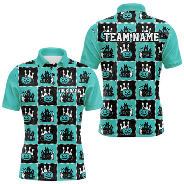 Maxcorners Custom Black And Turquoise Blue Halloween Bowling Patwork Bowling Team Men Polo Shirt