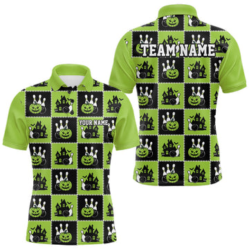 Maxcorners Custom Black And Green Halloween Bowling Patwork Bowling Team Men Polo Shirt