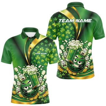 Maxcorners Custom Funny St Patricks Party Beer Bowling Team Shirts, Green Shamrock And Gold Coin Bowling Jersey LM2201