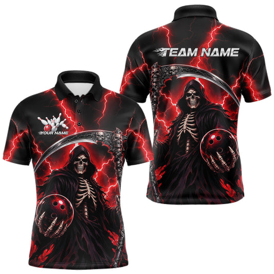 Maxcorners Custom Red Thunder Lightning Grim Reaper Skull Bowling Men Polo Shirts, Halloween Outfit