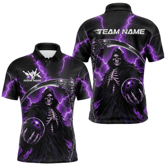 Maxcorners Custom Purple Thunder Lightning Grim Reaper Skull Bowling Men Polo Shirt, Halloween Outfit