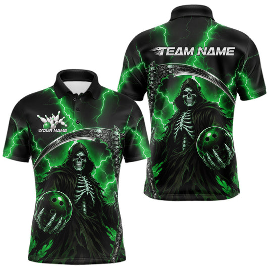 Maxcorners Custom Green Thunder Lightning Grim Reaper Skull Bowling Men Polo Shirts, Halloween Outfit