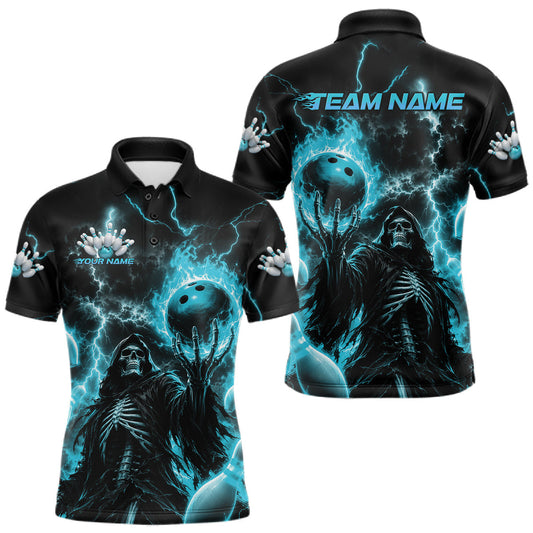 Maxcorners Custom Blue Fire Flame Bowling Grim Reaper Skull Men Polo Shirt, Halloween Bowler Outfit