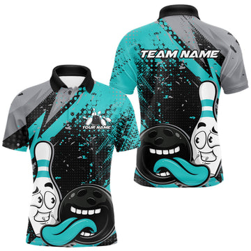 Maxcorners Custom Funny Bowling Men Polo Shirt, Turquoise Bowling Ball And Pin Bowling Jersey