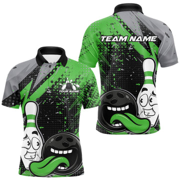 Maxcorners Custom Funny Bowling Men Polo Shirt, Green Bowling Ball And Pin Bowling Jersey