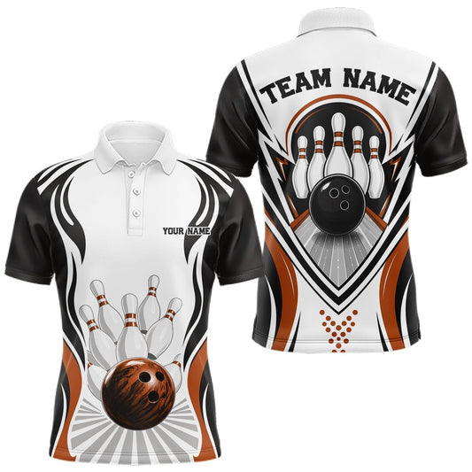 Maxcorners Custom Bowling Polo Shirt For Men Team Uniform Featuring Bowling Ball And Pins | Orange LM2806