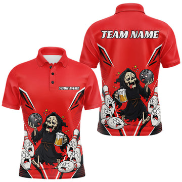 Maxcorners Custom Red Funny Grim Reaper Bowling And Beer Men Polo Shirt, Halloween Bowling Jersey