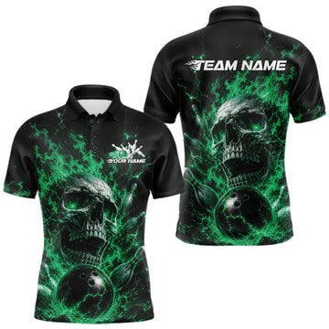 Maxcorners Custom Green Flame Skull Halloween Bowling Men Polo Shirt, Bowling Jersey