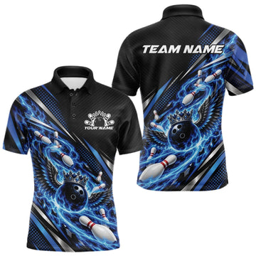 Maxcorners Custom Blue Flame Bowling Men Polo Shirt, Crown Bowling Ball With Wings Bowling Jersey LM2709