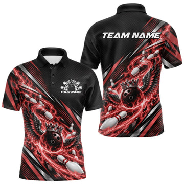 Maxcorners Custom Red Flame Bowling Men Polo Shirt, Crown Bowling Ball With Wings Bowling Jersey LM2709