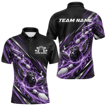 Maxcorners Custom Purple Flame Bowling Men Polo Shirt, Crown Bowling Ball With Wings Bowling Jersey LM2709