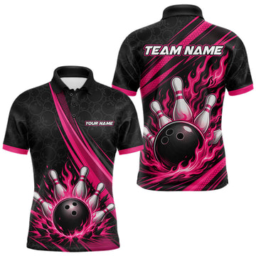 Maxcorners Custom Black And Pink Fire Flame Bowling Team Men Polo Shirt, Team Jerseys LM0208