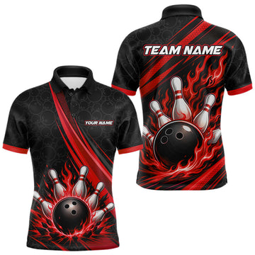 Maxcorners Custom Black And Red Fire Flame Bowling Team Men Polo Shirt, Team Jerseys LM0208