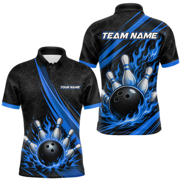 Maxcorners Custom Black And Blue Fire Flame Bowling Team Men Polo Shirt, Team Jerseys LM0208