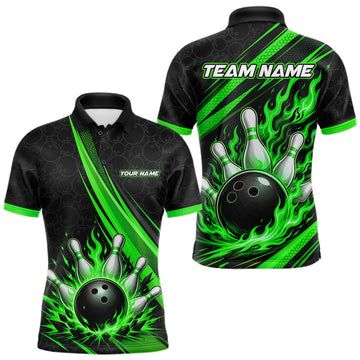 Maxcorners Custom Black And Green Fire Flame Bowling Team Men Polo Shirt, Team Jerseys LM0208