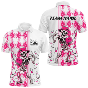 Maxcorners Custom Pink Argyle Pattern Funny Skeleton Halloween Bowling Men Polo Shirt LM0409