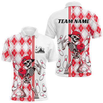 Maxcorners Custom Red Argyle Pattern Funny Skeleton Halloween Bowling Men Polo Shirt LM0409