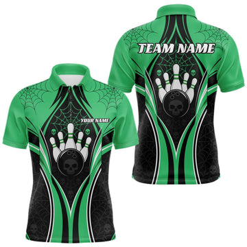 Maxcorners Custom Black And Green Skull Bowling Ball And Spider Web Halloween Men Polo Shirt LM0409
