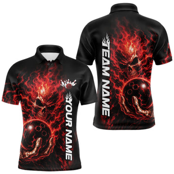 Maxcorners Custom Black And Red Flame Skull Halloween Bowling Team Men Polo Shirt, Bowling Jersey LM0409